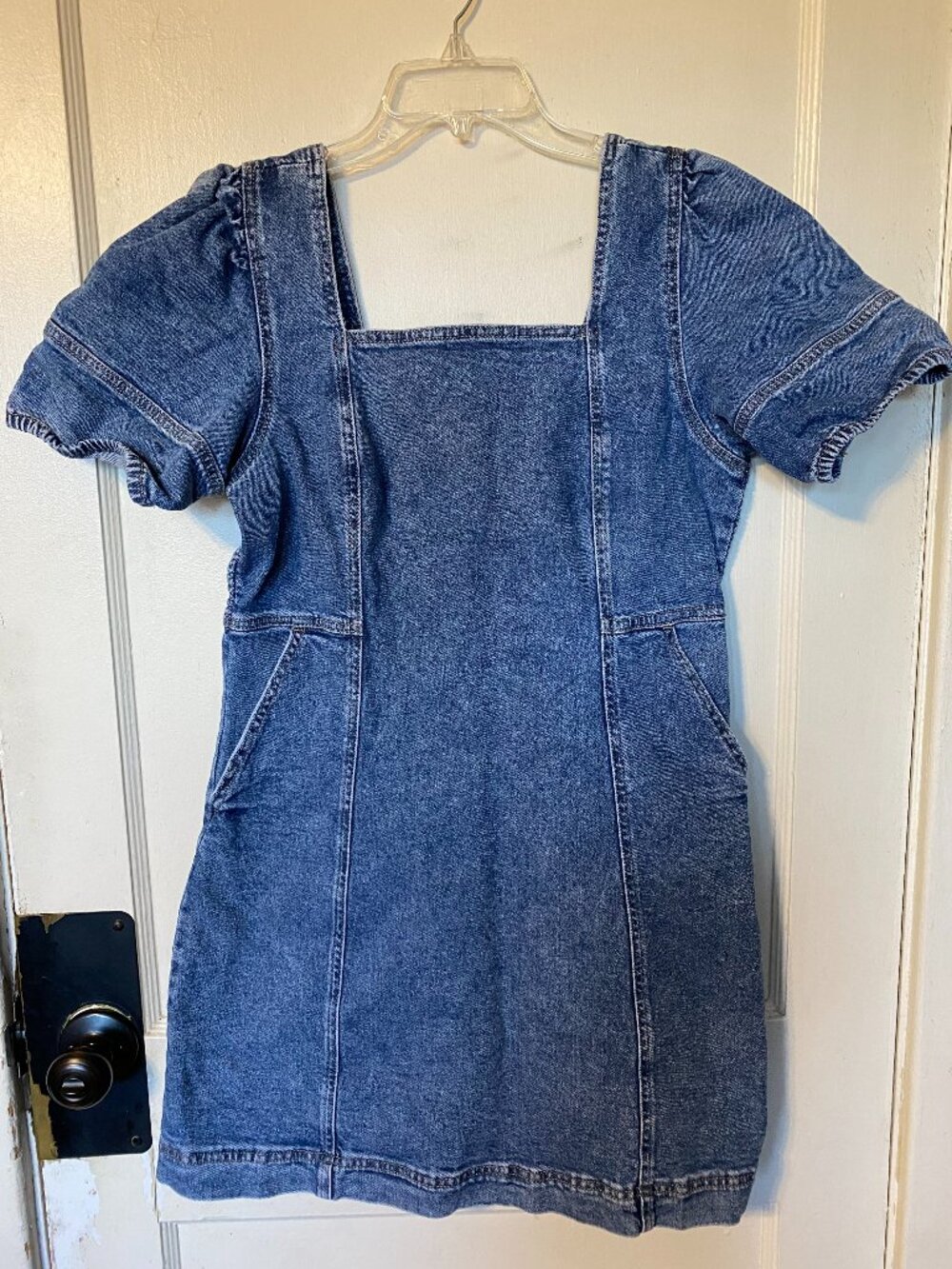 Denim Blue Dress with pockets By SO Puffy Sleeves Zip Back Size Large